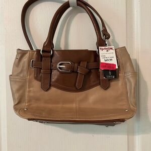 Tignanello Brown and Tan Leather Satchel with Decorative Buckle